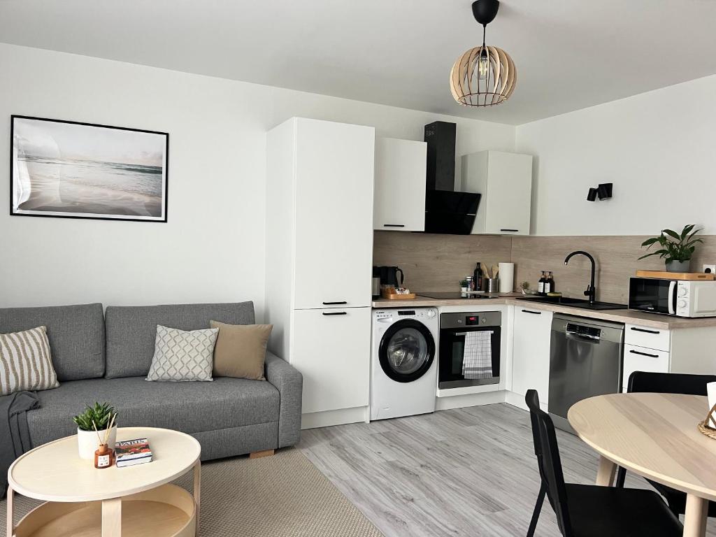 ein Wohnzimmer mit einem Sofa und einer Küche in der Unterkunft Appart Cozy CDG, Paris, Disney, Parc Expo, Astérix in Dammartin-en-Goële