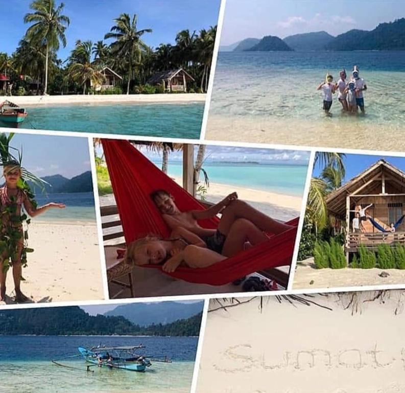 a collage of photos of a beach with a woman in a hammock at Palambak Paradise Resort Pulau Banyak in Pulau Palambakbesar