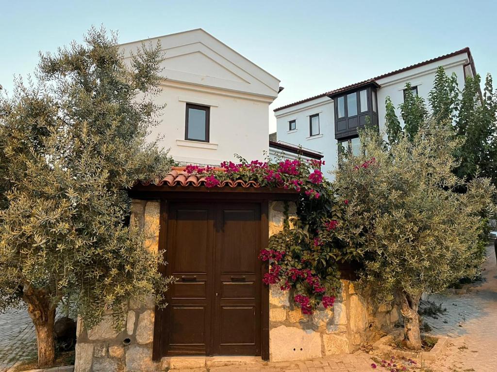 a house with a brown door with flowers on it at AGON Ephesus in Selçuk