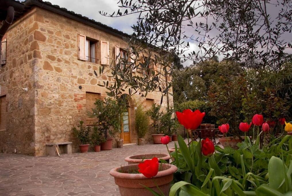 西恩納的住宿－LA VIGNA Agriturismo，一座石头建筑,前面有红花