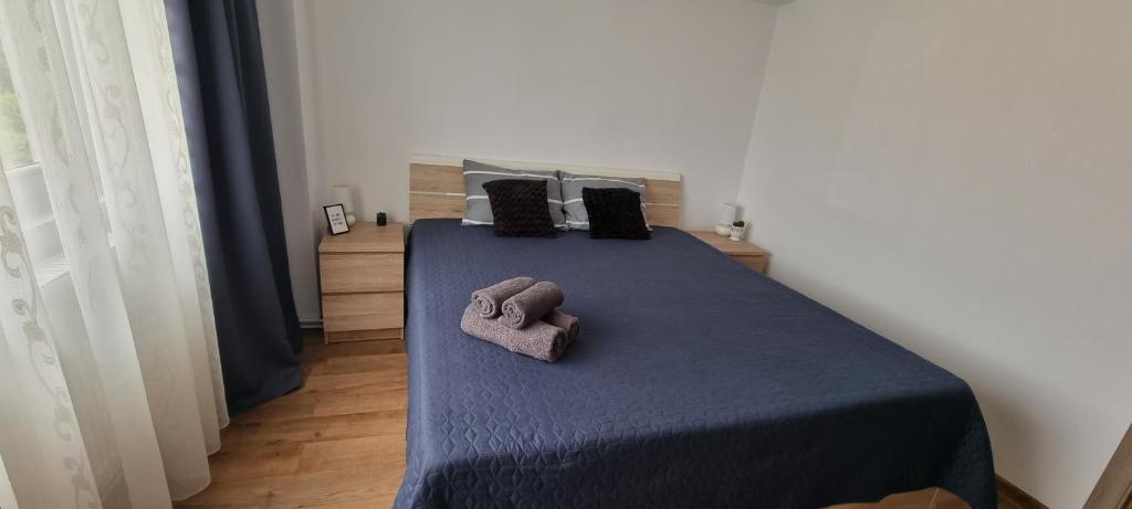 a bedroom with a blue bed with a towel on it at Dacia Apartment in Timişoara