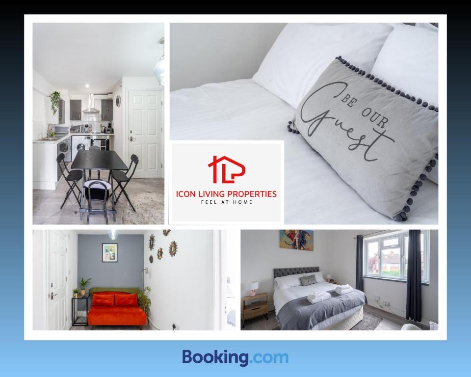 un collage de fotos de un dormitorio y una cama con una almohada que lee en 1 Bedroom Arch-View Apartment 2 By Icon Living Properties Short Lets & Serviced Accommodation With Free Parking, en Londres