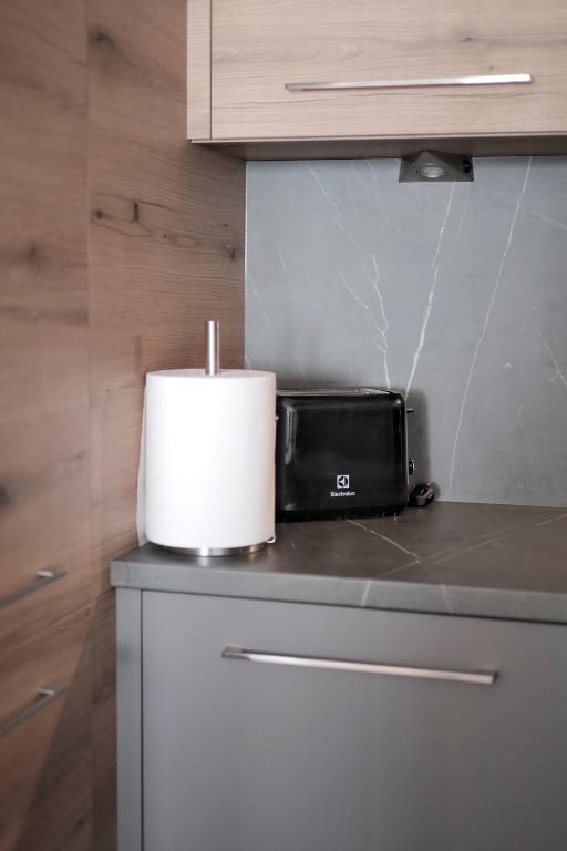 Kuchyň nebo kuchyňský kout v ubytování Capital Towers - Apartament Red z widokiem na panoramę miasta i rzekę
