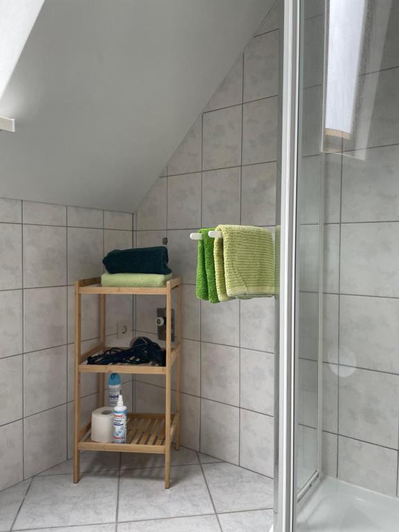 een badkamer met een douche en een wastafel bij FeWo Im Loog in Großefehn 