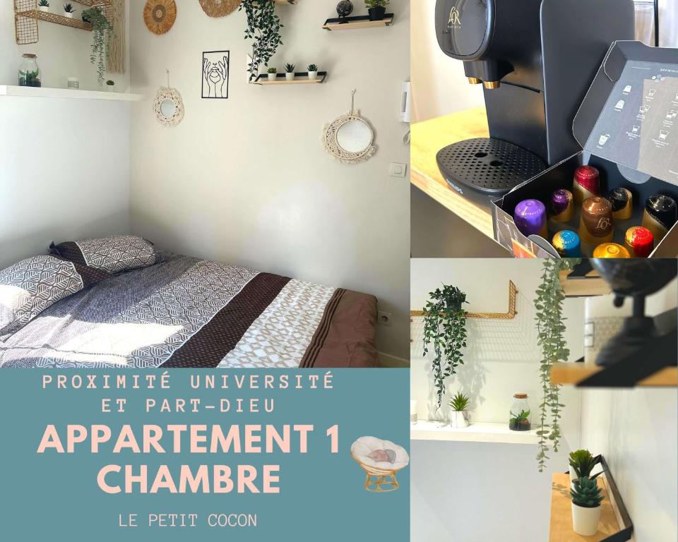 un collage de photos d'une pièce avec un lit et un ordinateur dans l'établissement L'Oasis Cosy, à Villeurbanne