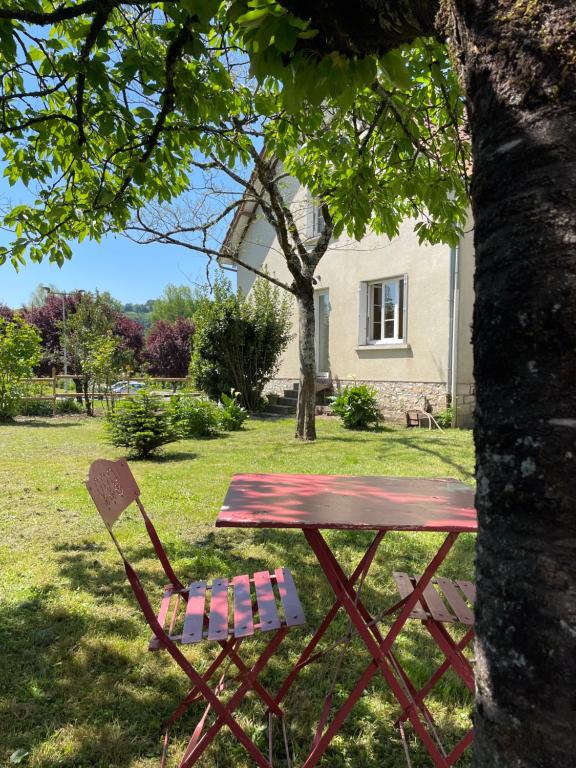 una mesa de picnic y una silla sentada junto a un árbol en Maison familiale 8 p en vallée de Dordogne - Lot, en Tauriac