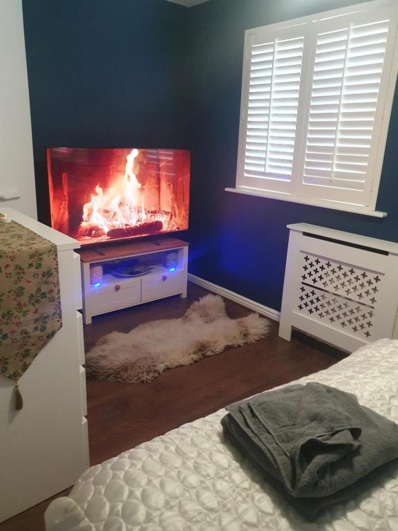 a bedroom with a bed and a television with a fireplace at Sunningdale in Doncaster