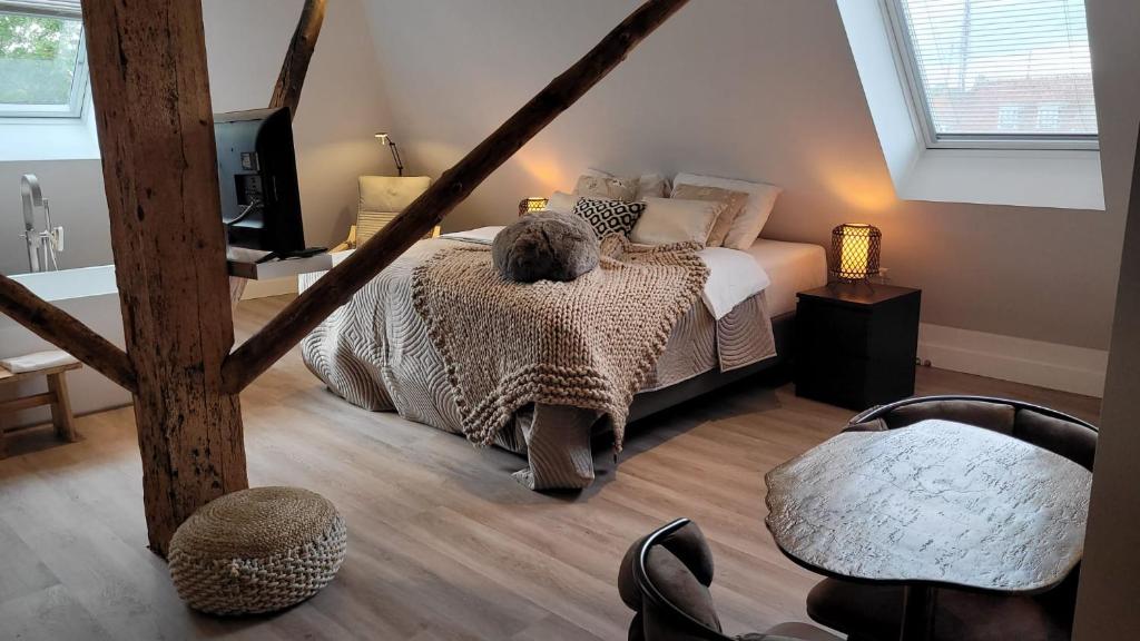 1 dormitorio con 1 cama y TV en Dream Boutique Edam Bed & Coffee, en Edam