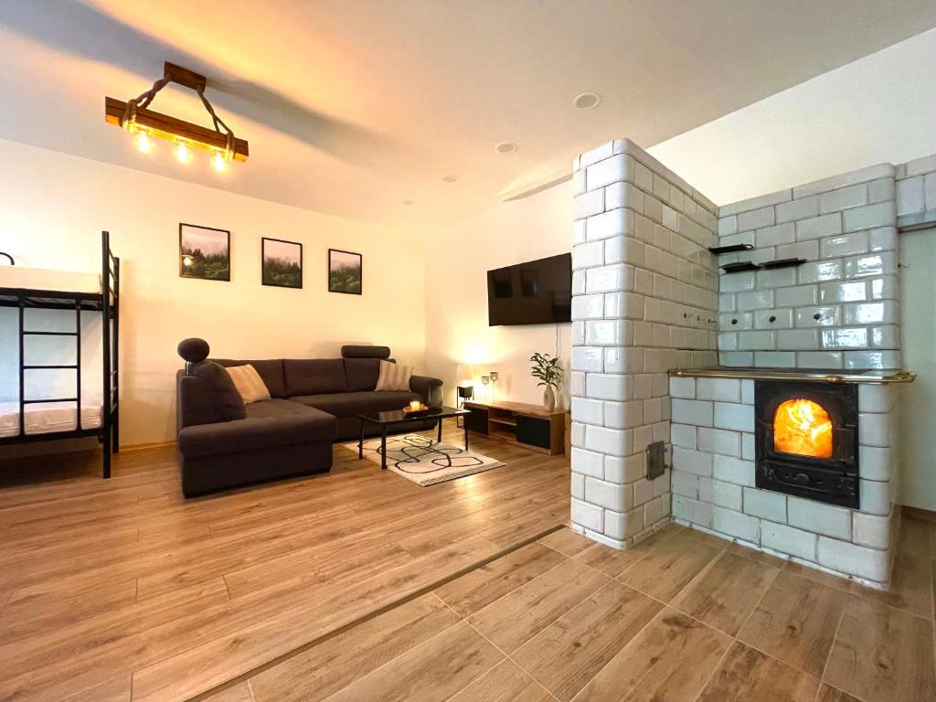 a living room with a couch and a fireplace at Apartament Centrum in Supraśl