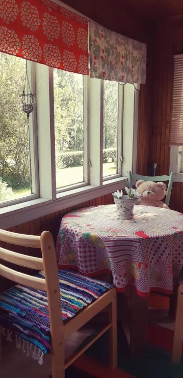 a table in a room with a table and windows at Villa Vintage in Tammela
