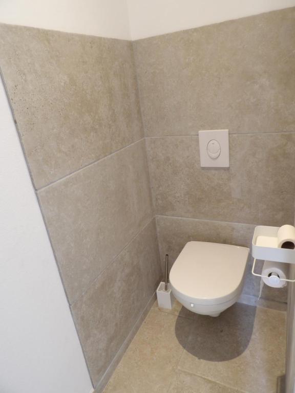 a bathroom with a toilet and a tiled wall at Villa de standing in Calvi