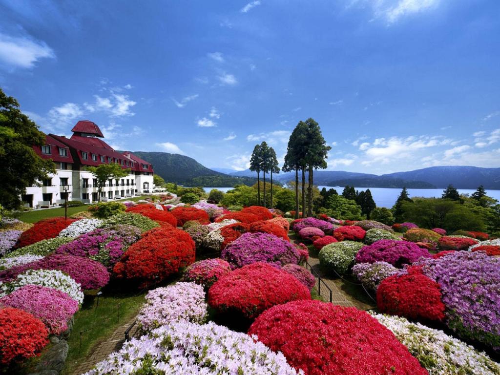 Odakyu Hotel de Yama في هاكوني: حديقة بها زهور ملونة أمام المبنى