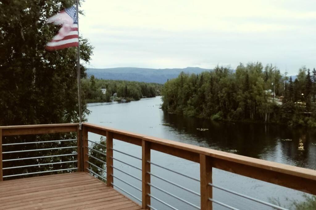 a view of a river from a deck at Lakefront Perfect for Families/Corporate Rentals in Wasilla