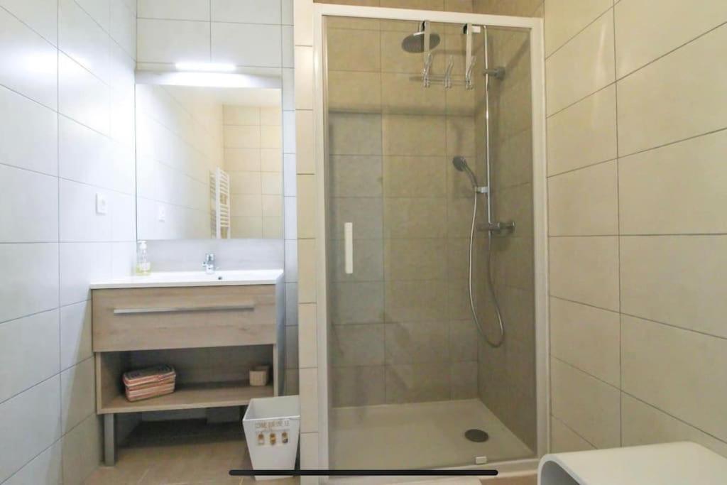 ein Bad mit einer Dusche und einem Waschbecken in der Unterkunft Appartement de standing avec piscine et plage à pieds in La Croix-Valmer