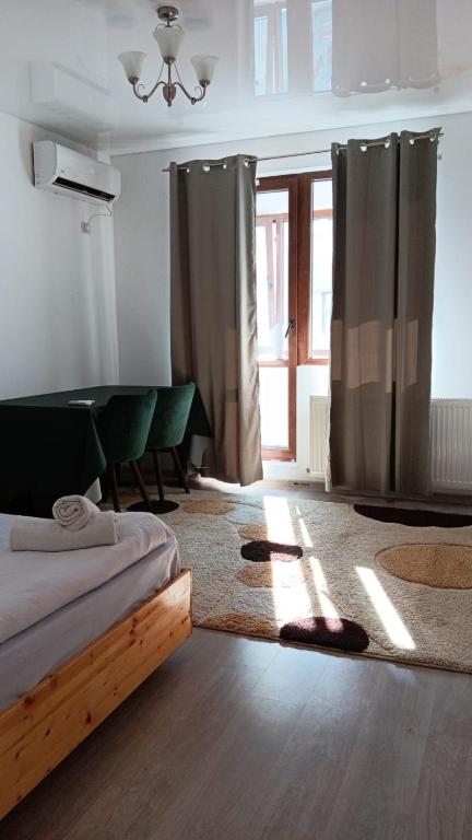 a bedroom with a bed and a table and curtains at Jamie's Guest House in Roşu