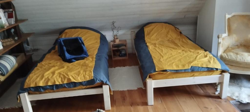 2 camas en una habitación con sábanas amarillas en Riad rachidine en Safi