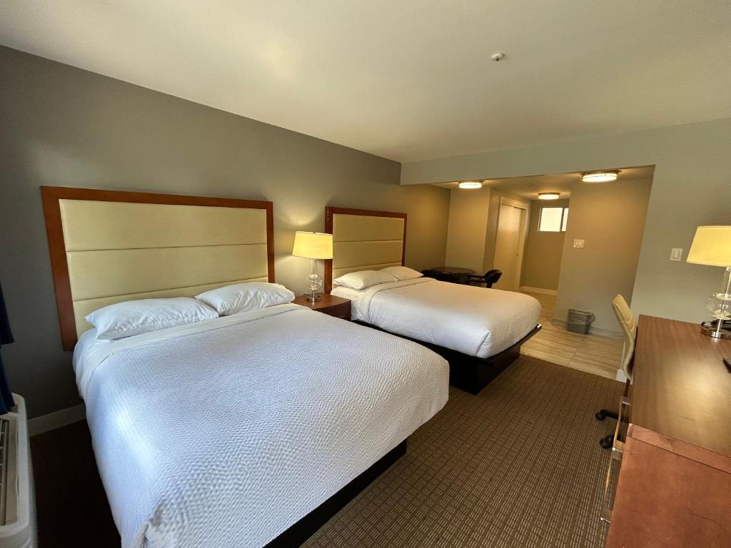 Habitación de hotel con 2 camas y espejo en Hillside Inn, en Santa Rosa
