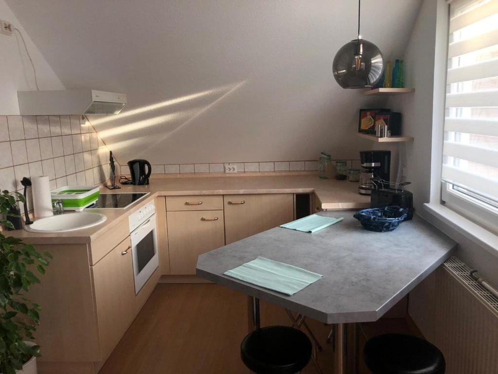 a small kitchen with a sink and a counter at Am Bahnhof in Hochkirch