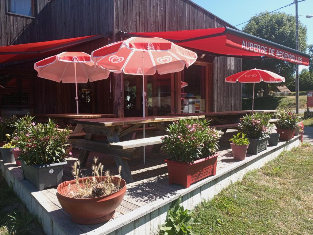 un restaurante con una mesa con sombrillas y macetas en Auberge de Médeyrolles Chambres d'Hôtes, en Medeyrolles