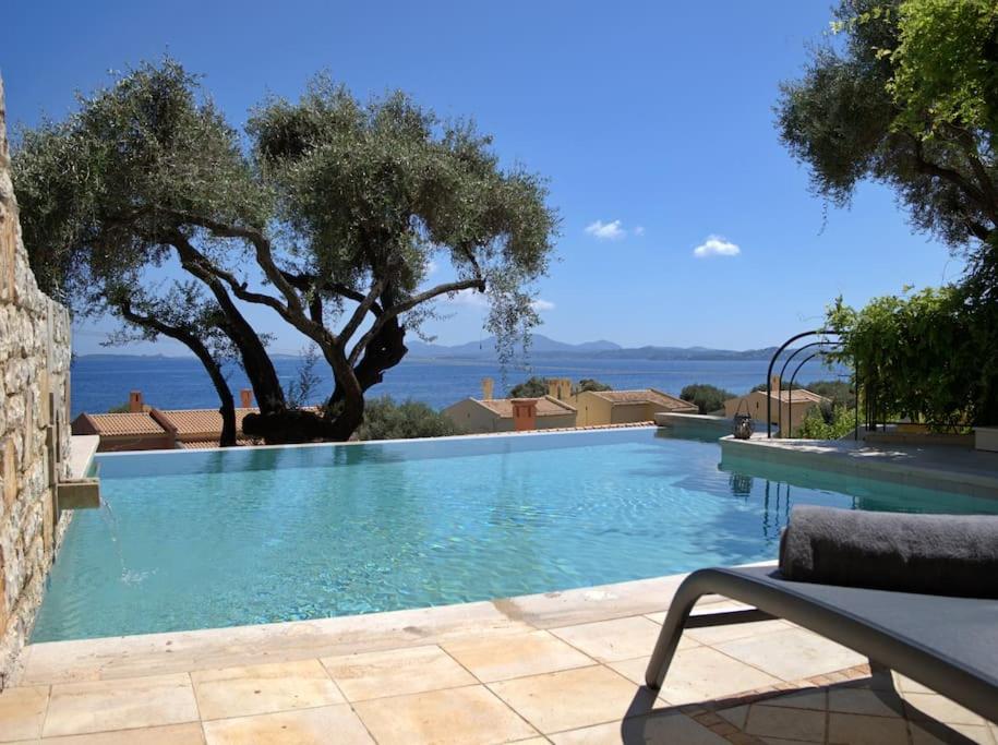 a swimming pool with a view of the ocean at Anemos Villa Barbati Corfu in Barbati