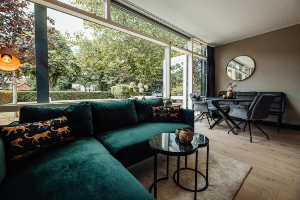 een woonkamer met een groene bank en een tafel bij Zoo apartment in Emmen