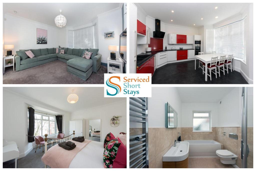 a collage of photos of a living room and a kitchen at Light and spacious three bedroom house in Margate close to beach and amenities in Margate