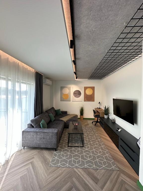 a living room with a couch and a tv at Luxury by The Lake Ap 28 in Sibiu