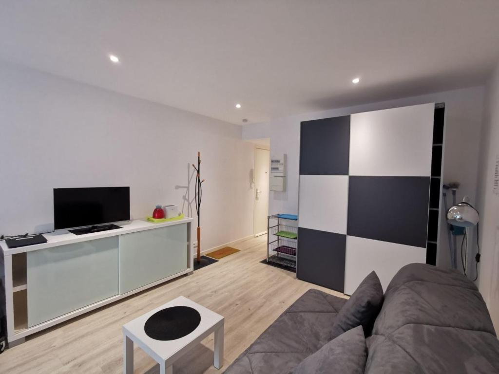 a living room with a couch and a tv at Apartment Saint Thomas by Interhome in Saint Malo