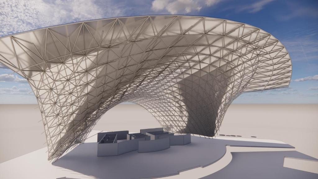 a rendering of a parametric building with chairs under it at BIANFER 