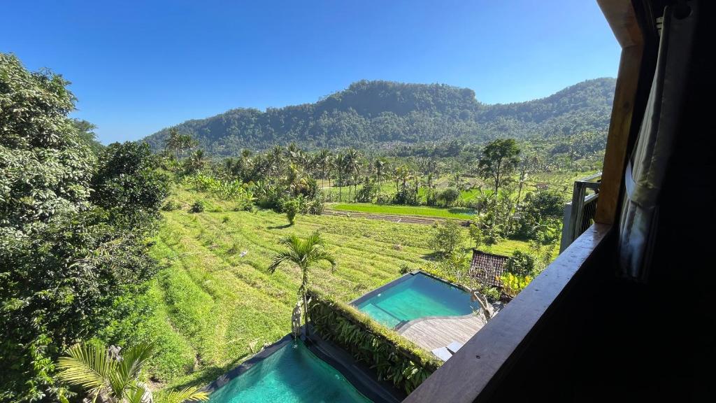 Blick auf einen Pool auf einem Feld mit Bergen in der Unterkunft Puri Jumpungan Villas in Sidemen