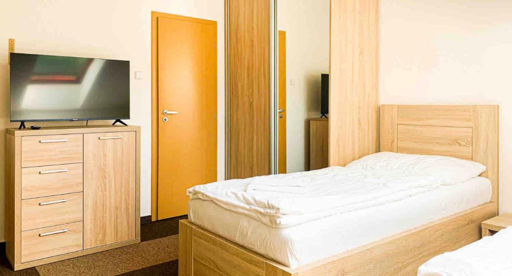 a bedroom with a bed and a flat screen tv at Jahodná in Košice