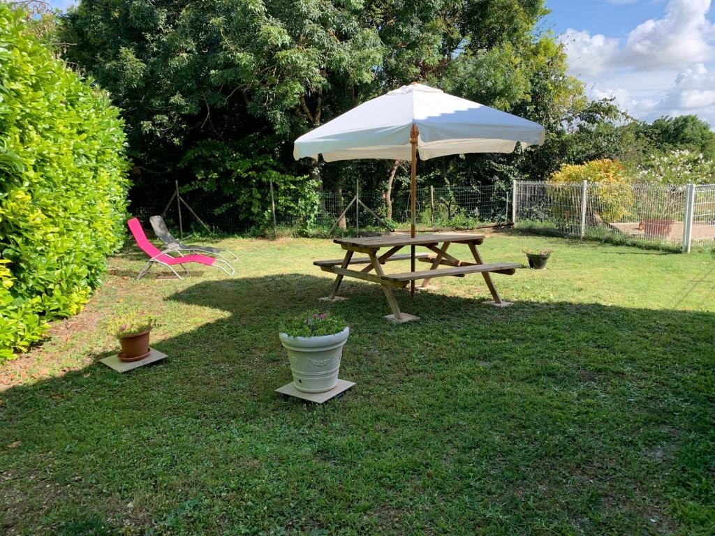 stół piknikowy i parasol na dziedzińcu w obiekcie maison avec jardin et parking privé w mieście Meschers-sur-Gironde