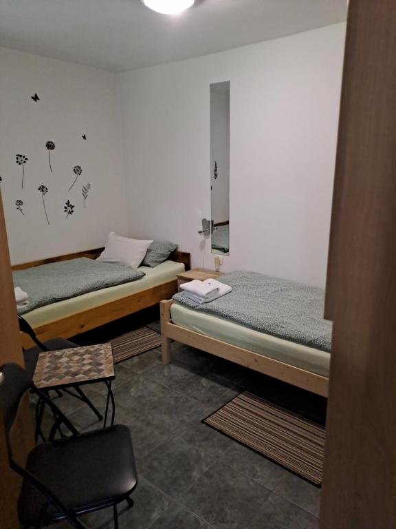 ein Zimmer mit 2 Betten und einem Stuhl darin in der Unterkunft Apartma Juteršek 2+2 in Libeliče