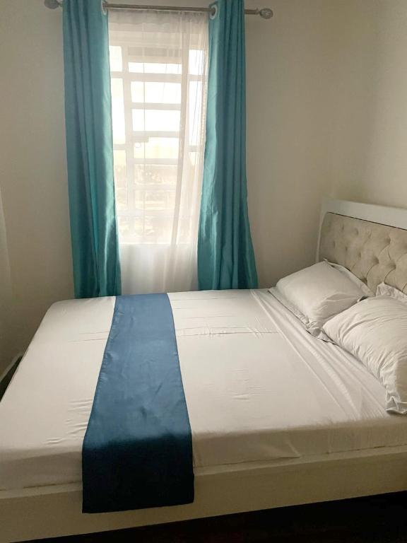 a bed with a blue curtain and a window at Meelmak apartment in Nairobi