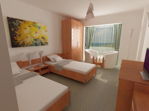 a hotel room with two beds and a television at Hotel Flormang in Craiova