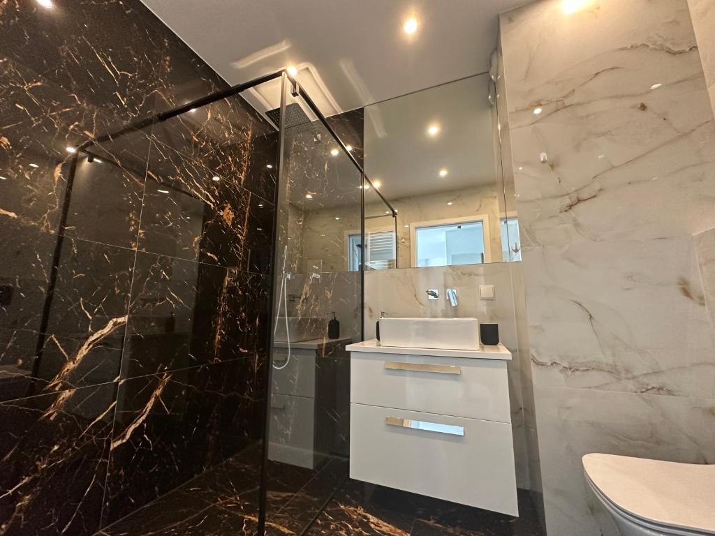 a bathroom with a shower and a sink and a toilet at SDH 4 Radzymin comfortable apartment near Warsaw in Radzymin