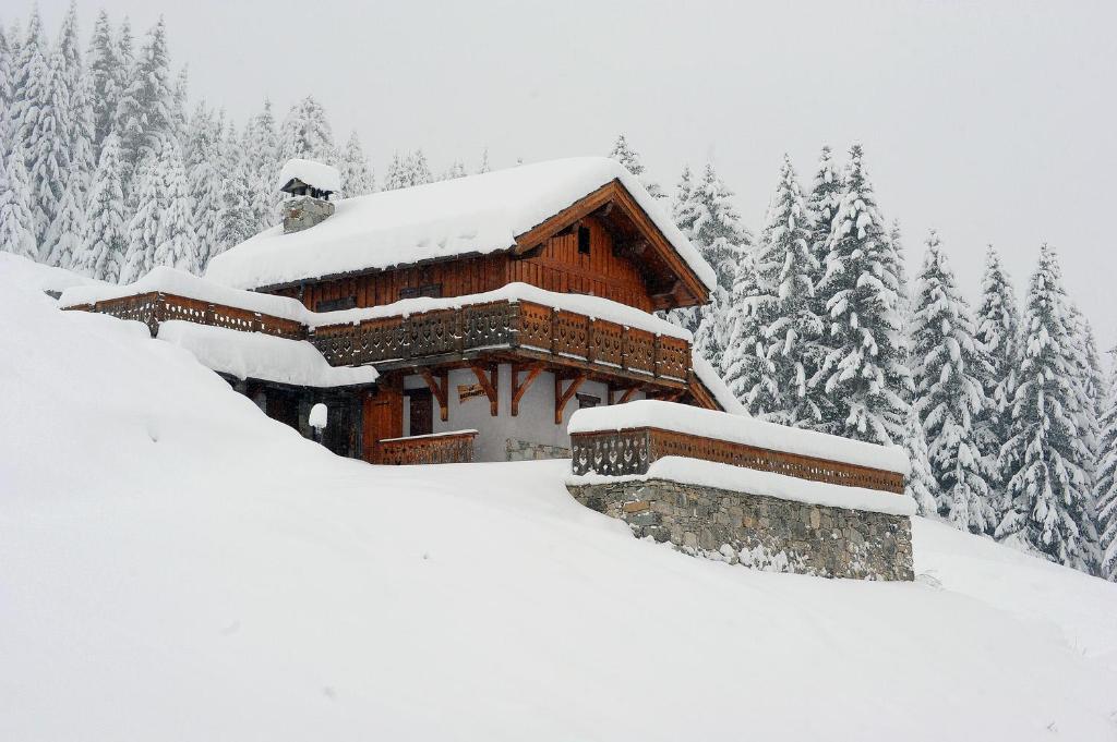 a cabin covered in snow with trees in the background at Chalet Barragiste in Courchevel
