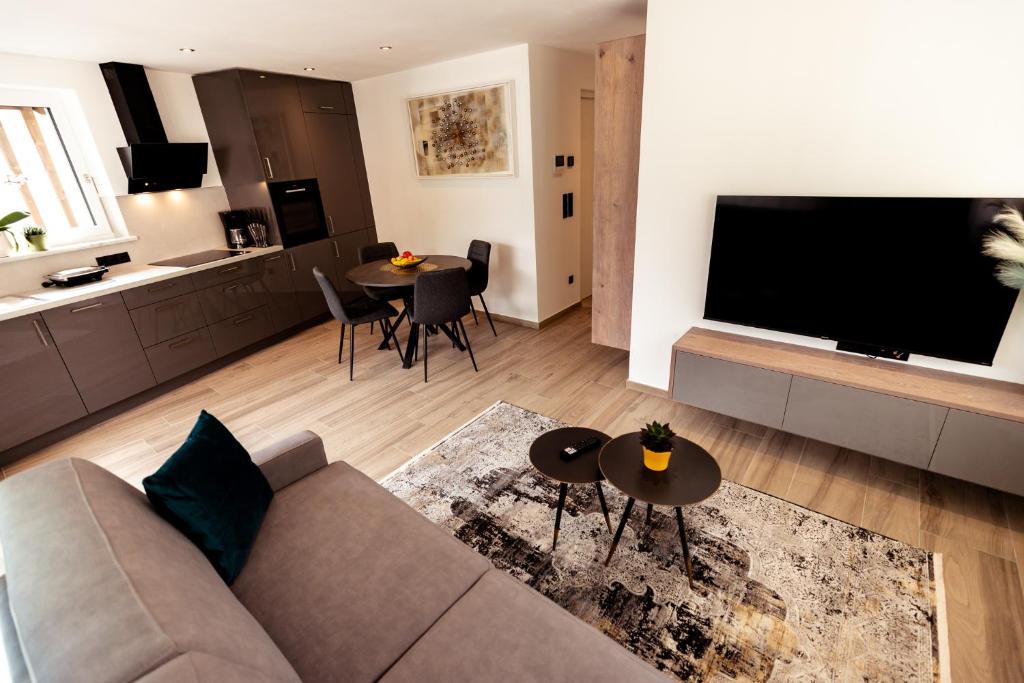 サン・マルティーノにあるRamoser Living Apartmentsのリビングルーム(ソファ、大画面テレビ付)