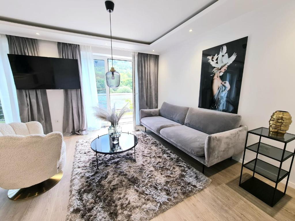 a living room with a couch and a tv at Luxus Ferienwohnung "Mila" mit Moselblick und Garage für Motor- und Fahrräder in Zell an der Mosel