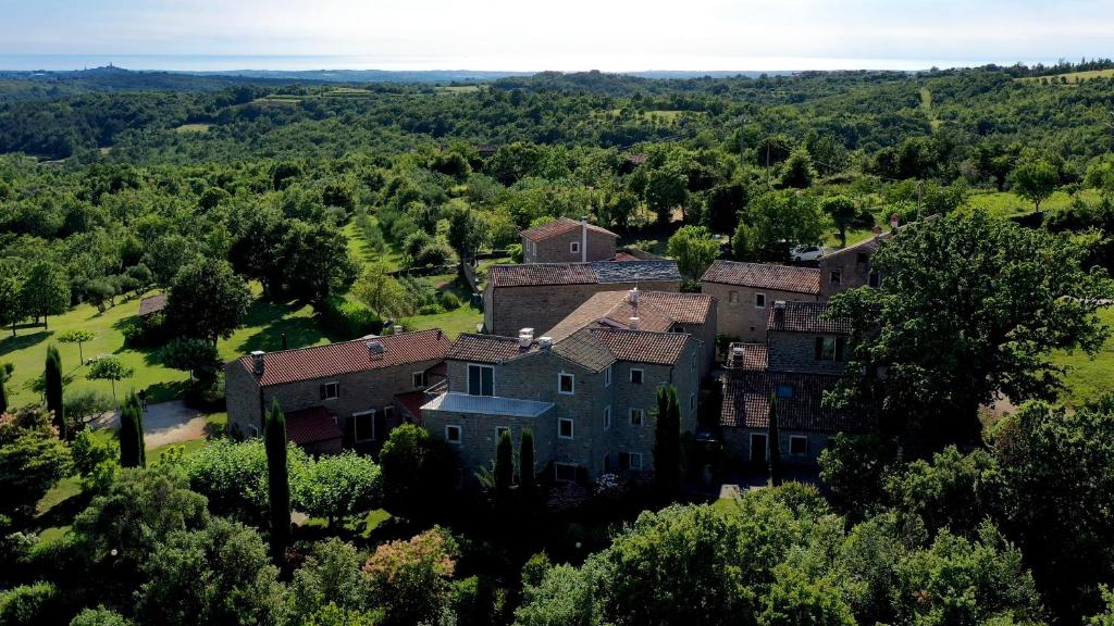 an aerial view of a large house in the forest at L'Abbraccio della Quercia - Suites in Buje