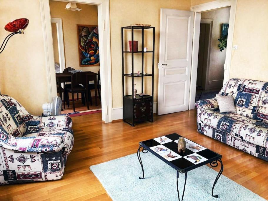 un salon avec deux canapés et une table basse dans l'établissement Charmant T3 proche du centre-ville, à Colmar