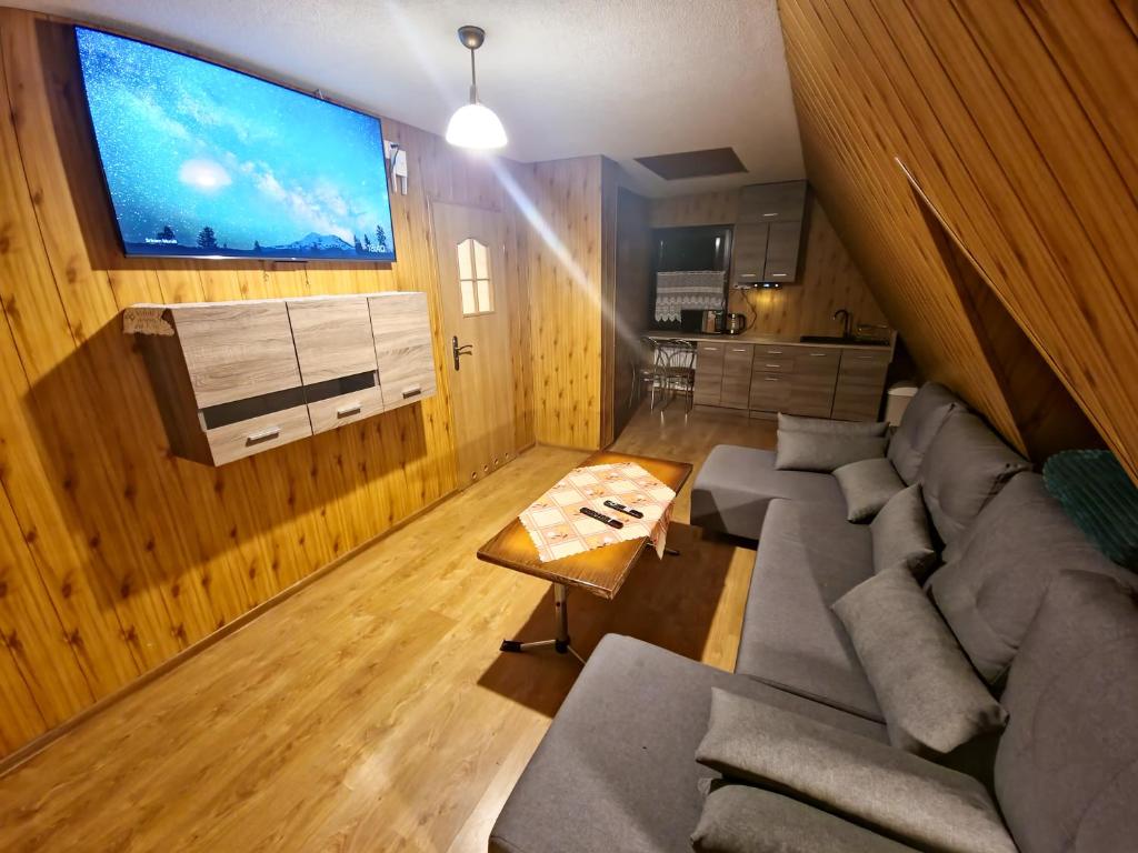 salon z kanapą i dużym telewizorem w obiekcie Małe Ciche uAntosi, Blisko wyciąg narciarski, Idealne miesce na wypad w góry -rusinowa polana-zgorzelisko-tarasówka-wiktorówki-palenica-gesia szyja-morskie oko w Murzasichlu