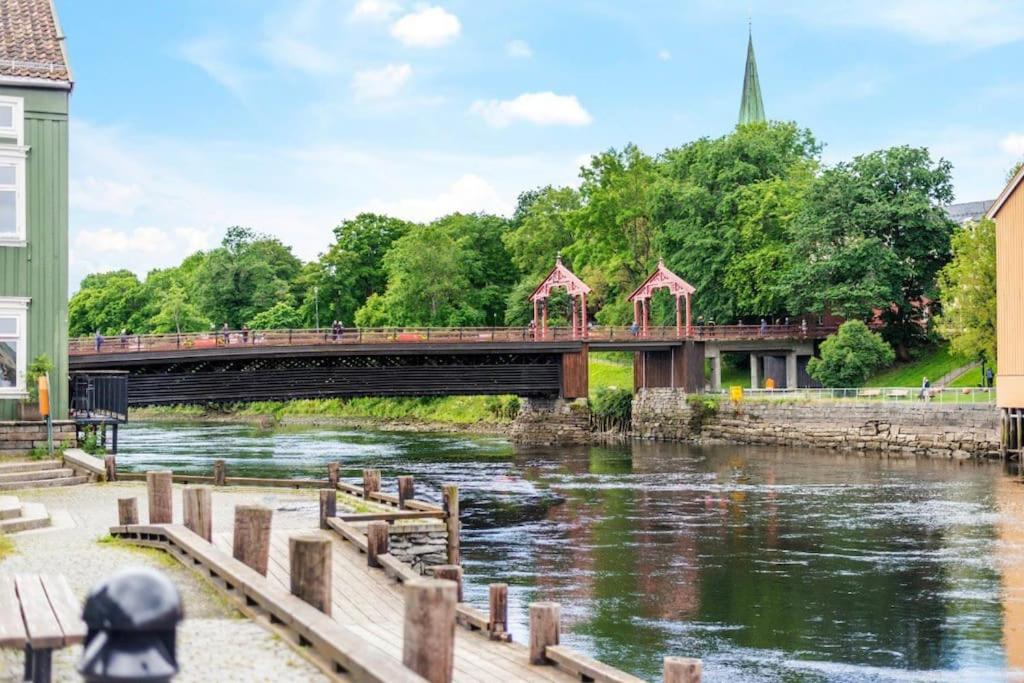 a bridge over a river in a city at Bakklandets Perle 3-roms in Trondheim