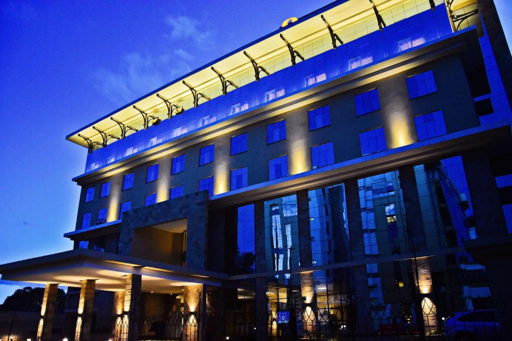 a building with blue lights on top of it at DoubleTree by Hilton Nairobi in Nairobi