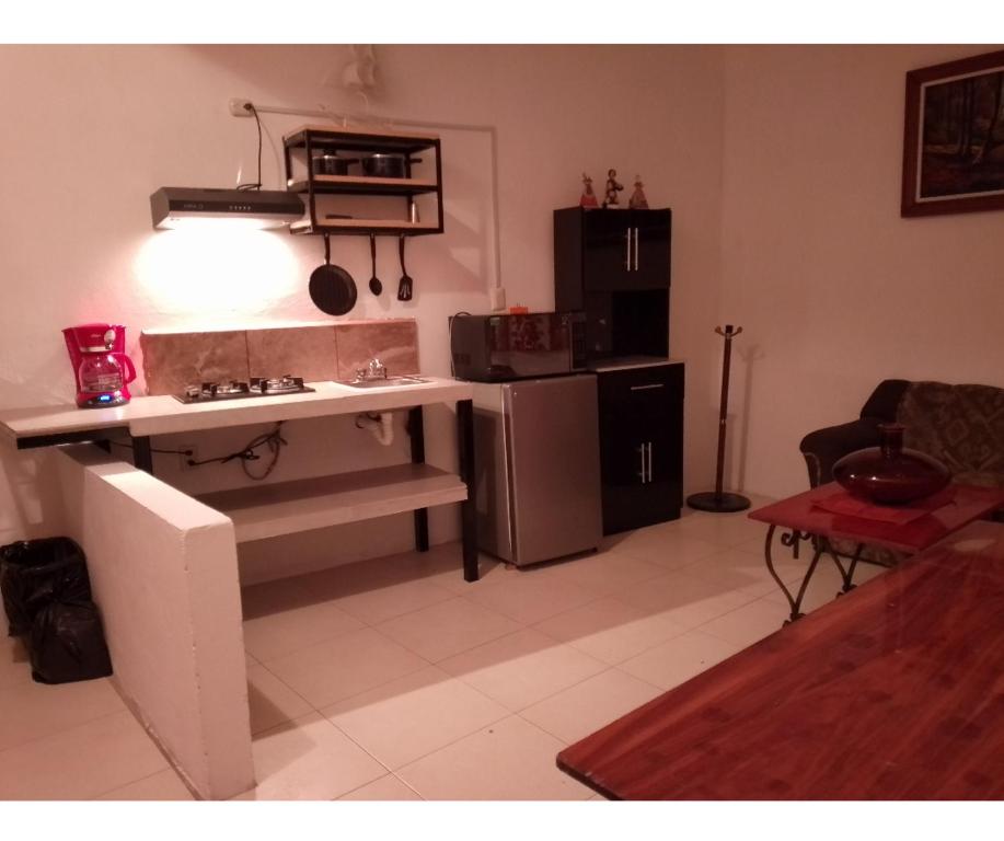 a kitchen with a sink and a refrigerator in a room at Casa Itanuni in Santa Lucía
