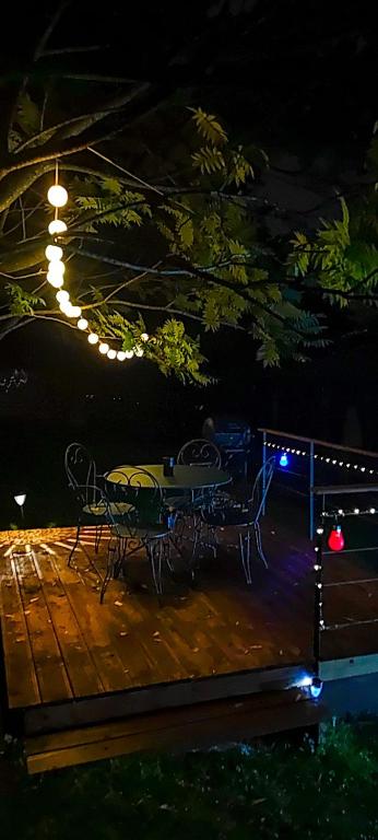 - une table et des chaises sur une terrasse en bois la nuit dans l'établissement Adorable petit châlet près de la forêt et des commerces, à Montivilliers