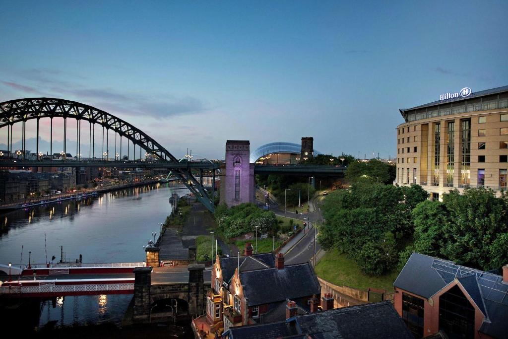 a view of a bridge and a river with buildings at Hilton Newcastle Tyne Bridge in Newcastle upon Tyne