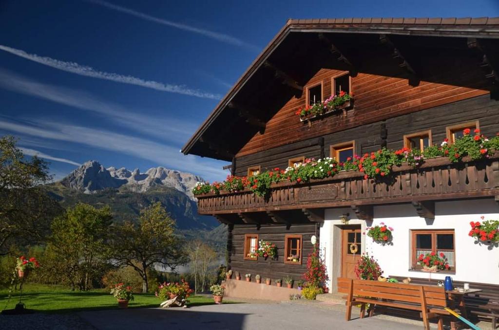 a wooden house with flower boxes on the windows at Pferdehof Oberegg in Werfenweng