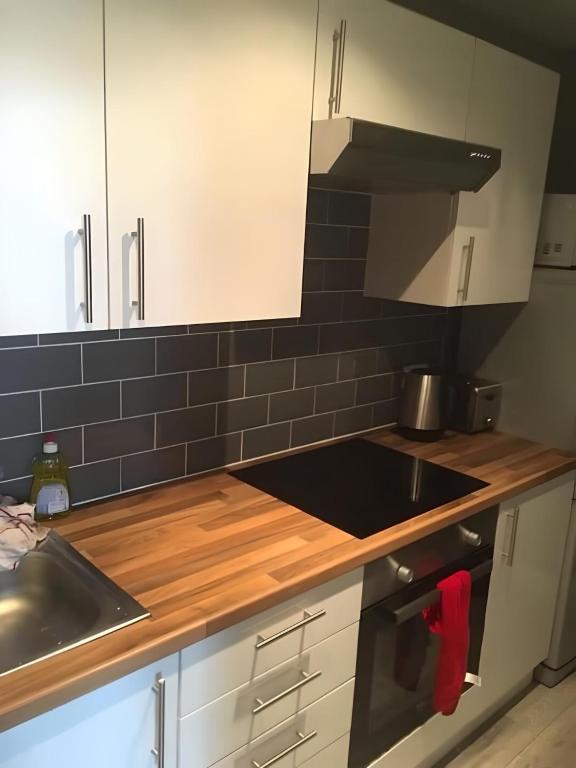 a kitchen with a sink and a stove top oven at Logie Green - beautiful and central one bed flat in Edinburgh
