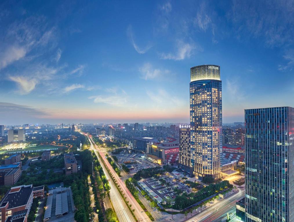 a view of a city with a tall building at Hilton Jiaxing in Jiaxing